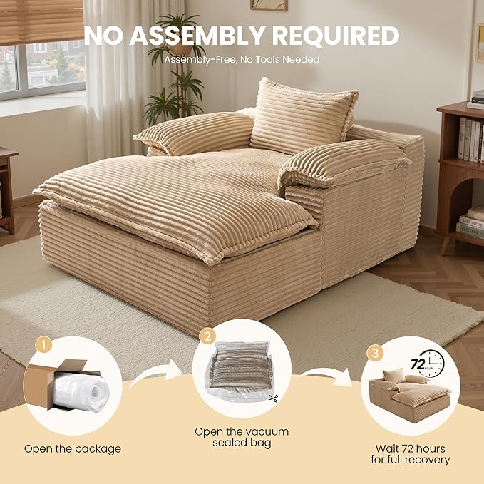 Chaise Lounge Chair Indoor Oversized Sleeping Couch 67L *53W Assembly Free Modern Minimalist Sofa With Comfy Curved Armrest Extra Deep Large Single Sofa for Living Room(Beige Plush Fabric)