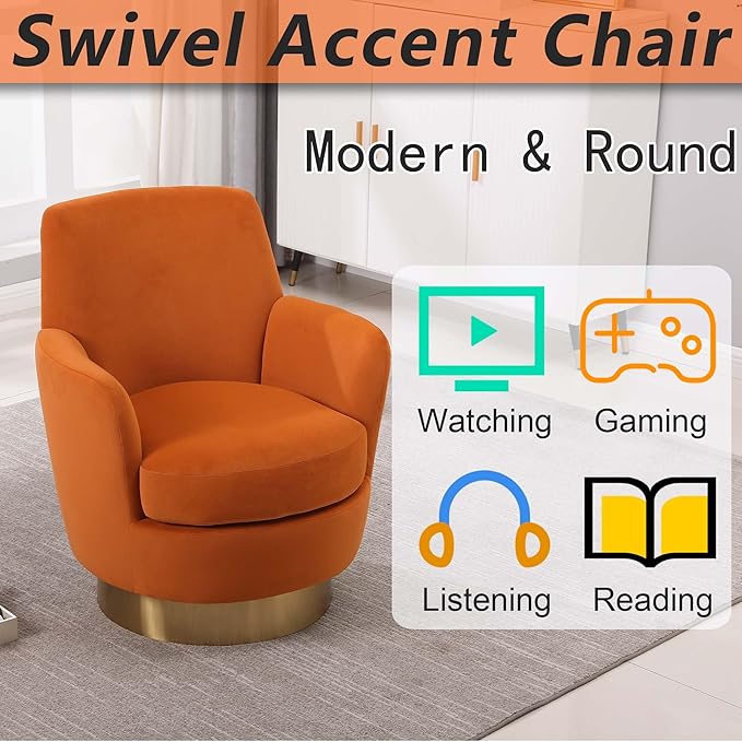 Velvet Swivel Accent Chairs for Living RoomComfy Swivel Barrel Chair with Foam Cushion Round Swivel Chair &amp Boucle Swivel Chair with High Back Round Armrest Gold Base (Orange 2)