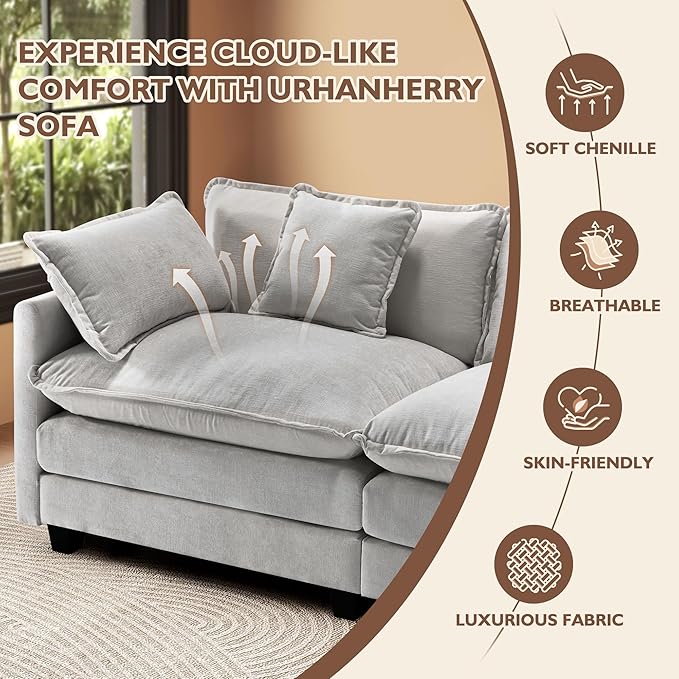 111.4” Modular Sectional Sofa U Shape Cloud Couch with 2 Movable Ottoman Comfy Chenille Deep Seat Sofa with Soft Pillows for Living Room Apartment （Grey）