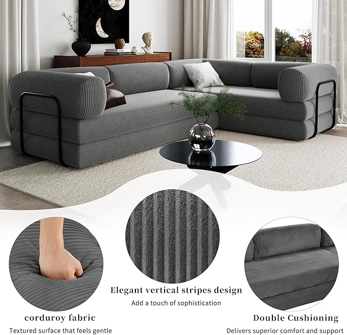 Merax L-Shaped Modular Sofa Bed in Corduroy Fabric Convertible Sleeper Sofa Bed 4 Seat Floor Couch for Living Rooms and Apartments No Assembly Required Gray