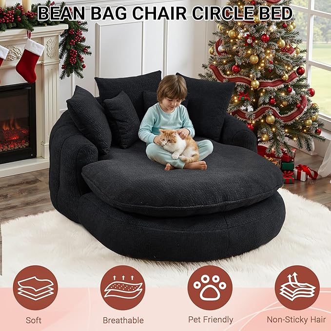 71 Oversized Round Chair Giant Bean Bag Couch Chairs for Adults Fluffy Chenille Boneless Couch Circle Bed with 5 Pillows Extra Deep Seat for Living Room Lounge No Assembly Required (Black)