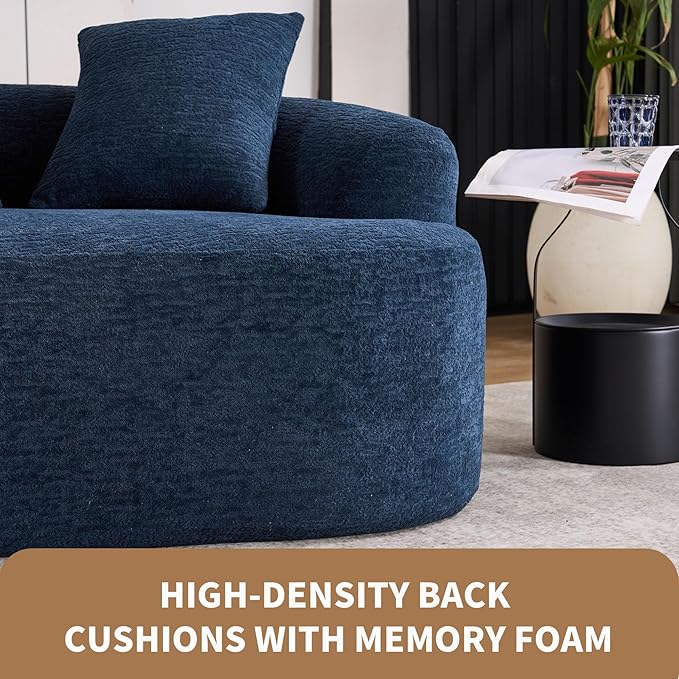 65” Blue Curved Couch&amp Loveseat Sofa with 3 Pillows Compression Couch with Round Armrest Suitable for Small Space Bedroom Living Room Memory Foam Chenille No Assembly (Blue)