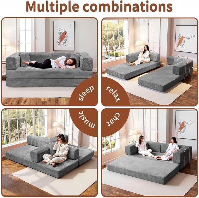 79 Inch Convertible Sofa Bed Couch in Box 5 in 1 Folding Modular Boneless Couch with Pull Out Bed 2 Pillows Soft Corduroy Floor Futon Lounge Loveseat Sleeper Lazy Cama No Assembly Light Grey