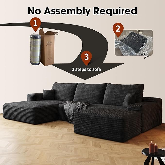 Oversized Corduroy Sectional Boneless Couch 108 W U Shaped Modular Sectional Sofa with Chaise/Ottoman No Assembly Required Compress Couches for Living Room (Black 3 seater+Ottoman+Left Chaise)