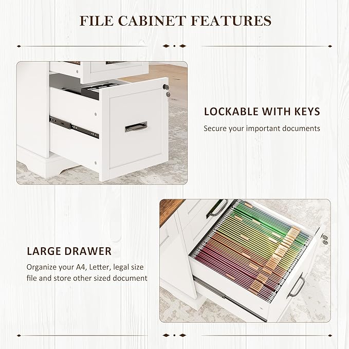 Whalefall Farmhouse L Shaped Desk with Drawers 67 Inch Executive Home Office Desk with File Cabinet Computer Corner Desk with Charging Station White