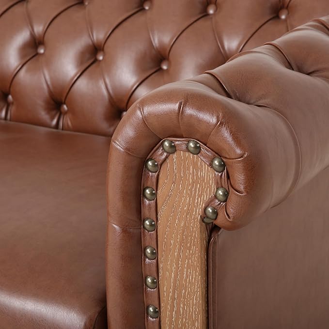 Merax 3 Seat PU Chesterfield Sofa Retro Style Upholstered Leather Couch Rolled Arm for Living Room Bedroom Office Light Brown