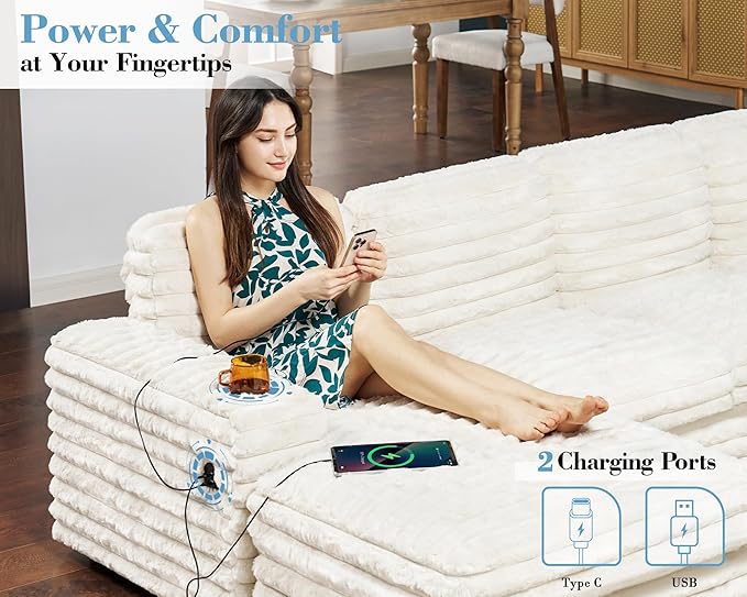 PaPaJet 112 Inch U Shaped Couch Oversized Couch with Storage Sectional Sofa with Chaise &amp 2 USB Ports Faux Fur White Sofa