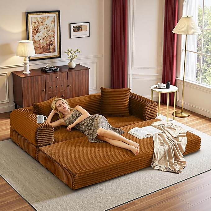 Boneless Couch Versatile Couches for Living Room No-Install Sofa Bed Corduroy Futon Soft Cloud Couch with Pillows for Bedroom Game Movie (Orange)