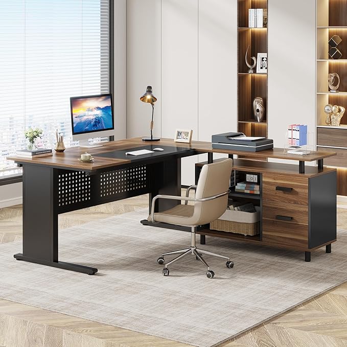 Tribesigns 63 Inch Executive Desk with File Cabinet Large Office Desk L Shaped Computer Desk with Drawers and Storage Shelves Business Furniture Desk Workstation for Home Office Brown and Black