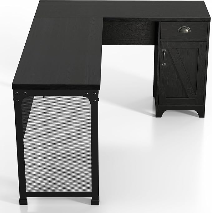 24/7 Shop at Home Holbrook Traditional 1 Drawer Wood L-Shaped Computer Desk with 2 Adjustable Shelves 1 Cabinet Door for Workstation Home Office Study Room Black