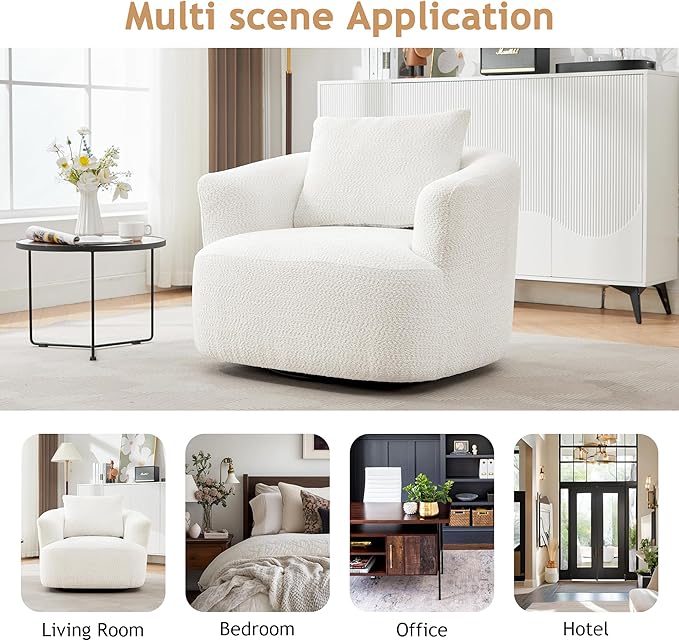 Oversized Swivel Accent Chair - 360° Rotating Barrel Chair with Boucle Fabric &amp Ergonomic Armrests for Living Room Office (Beige)