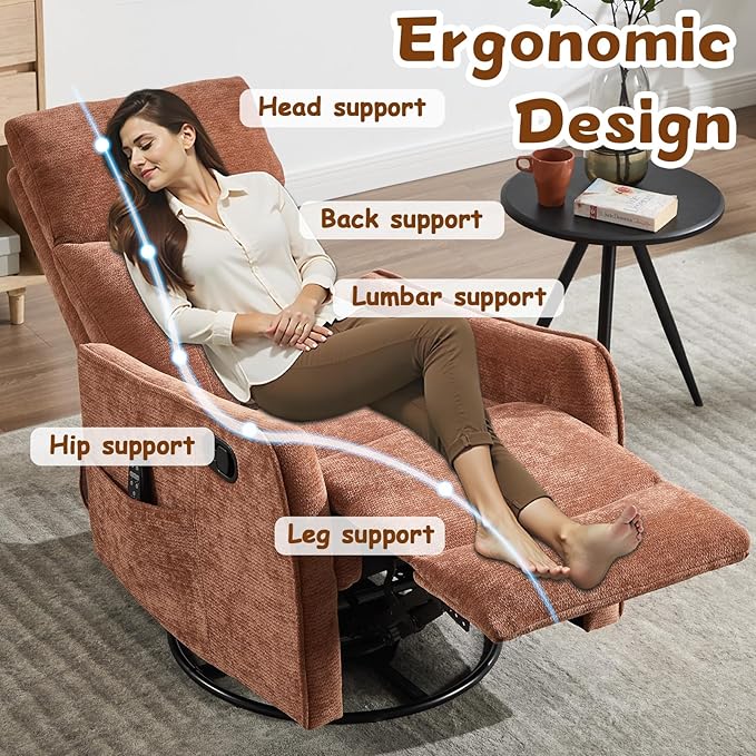 Slim Swivel Rocking Chair Recliner with PocketsLazy Boy Recliners for for AdultsSmall Recliner Chair for Small Spaces Manual Reclining Chair for Living Room Bedroom (Orange)