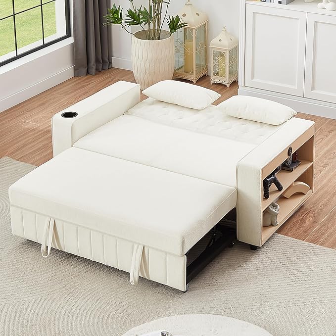 61.4 Pull-out Sofa Bed Convertible Sleeper Sofa Bed with Adjustable Backrest Cup Holders Storage Rack Handy Side Pockets Two Lumbar Pillows Modern Loveseat Sofa for Living Room (Beige/132)