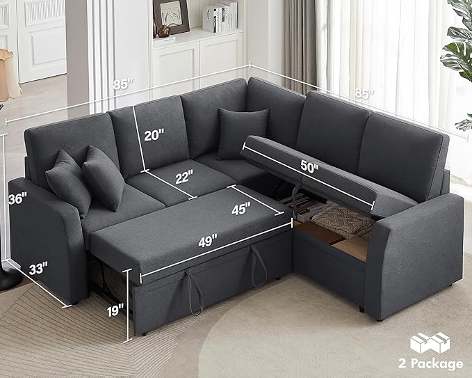 AMERLIFE Sofa Bed 85 Inch Reversible L Shape Couch with Pull Out Bed &amp Storage Seat Oversized Sectional Sleeper Bed for Living Room Apartment Grey Linen Sleeper Sofa Couch