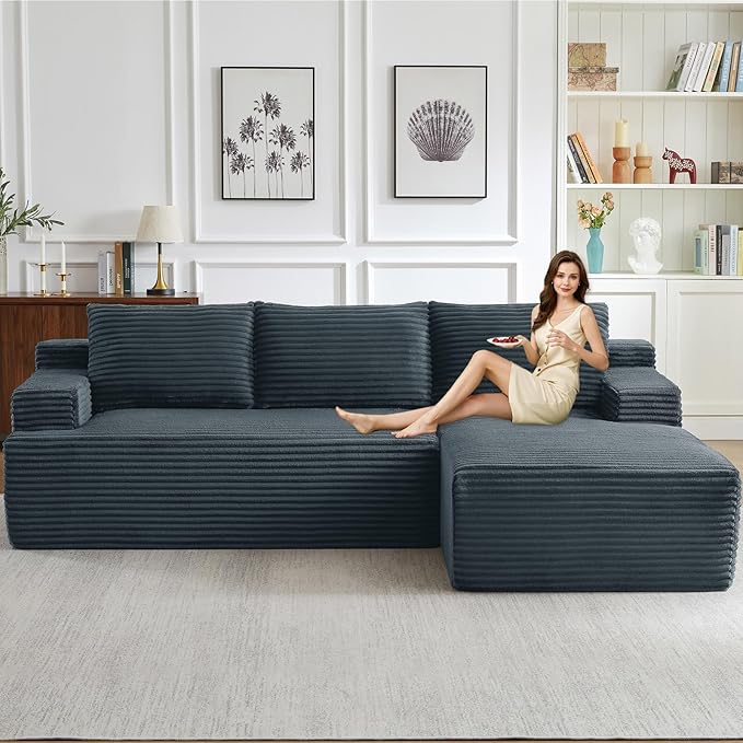 96 Cloud Sectional Sofa Boneless Couch for Living Room Modular Sectional Sofa with Deep Seat Fluffy Comfy Corduroy Couch with L-Shaped Chaise No Assembly Required (Grey Right Facing)