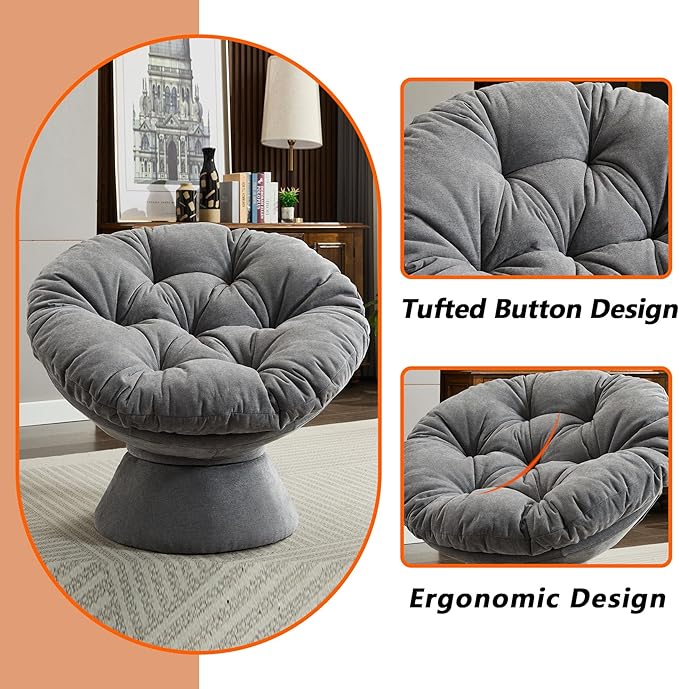 Modern Oversized Chenille Papasan Chair 360° Swivel Chair with Thick Cushion Comfortable Lounge Accent Chair for Living Room Bedroom Reading Nook (Dark Grey)