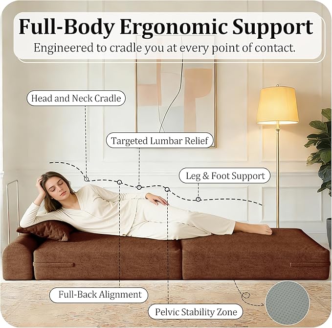 31.5'' Convertible Compressed Corduroy Folding Sofa Bed Modern Boneless Pull Out Sleeper Sofa Couch in a Box 3 in 1 Portable Lazy Floor Lounge Chair No Assembly Needed Caramel Pillow Single