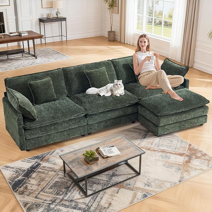 111.5 L Shaped Couch with Ottoman Chenille Cloud Sectional Sofas Modern Modular Sectional Sofa Deep 4 Seat Couches for Living Room Apartment Office Green