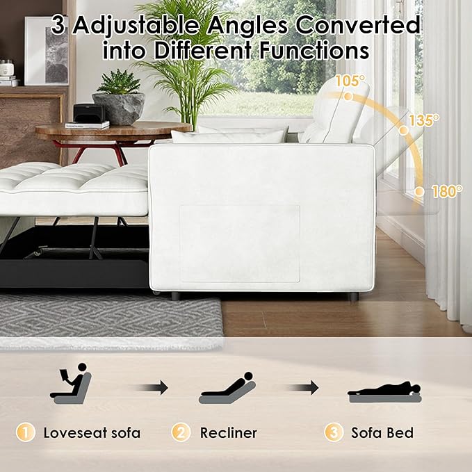 Dreamzie 3 in 1 Convertible Sleeper Sofa Bed Pull Out Couch with Side Pocket Loveseat Sleeper for Living Room with Adjustable Backrest (Beige)