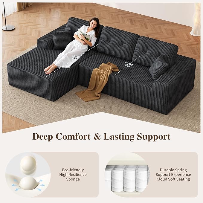 Ball &amp Cast 106 Boneless Sectional Sofa Corduroy Modular L Shaped Couch with Deep Seat Chaise Cloud Style Oversized Sofa for Living Room No Assembly Left Facing Grey