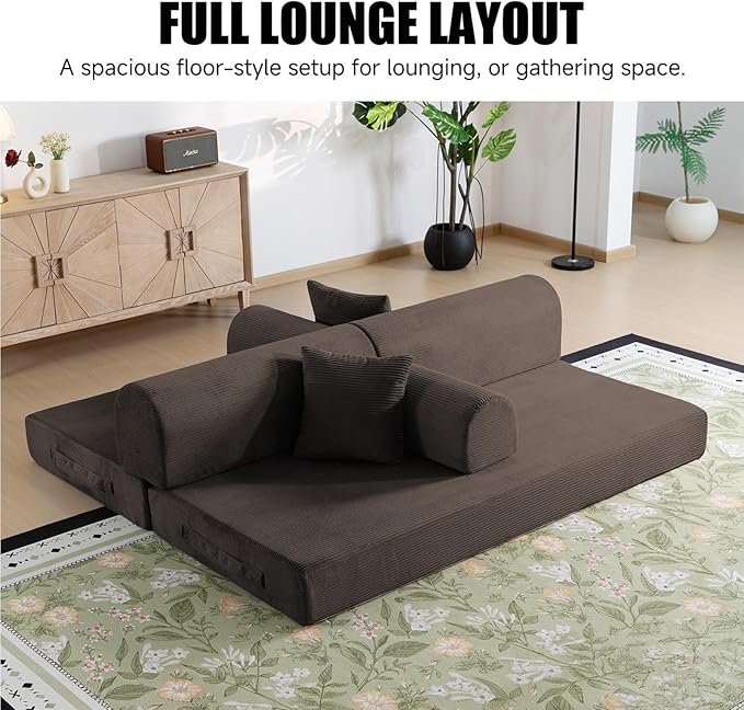 78.8 Boneless Memory Foam Couch Corduroy Convertible Floor Sofa Bed Fold-Out Sleeper Futon Loveseat Wide Armrests &amp Supportive Back 1200 lb Couch in a Box 2 Pillows Brown