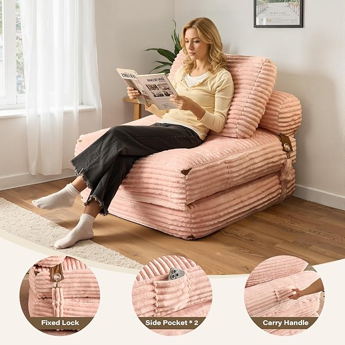75''Foldable Sofa BedPink Convertible Folding Sleeper Chair BedFoldable Single Sofa Foam Filling Couch with Pillow Comfy Corduroy Lazy Floor Sofa for Small Room Living Room Bedroom Apartment
