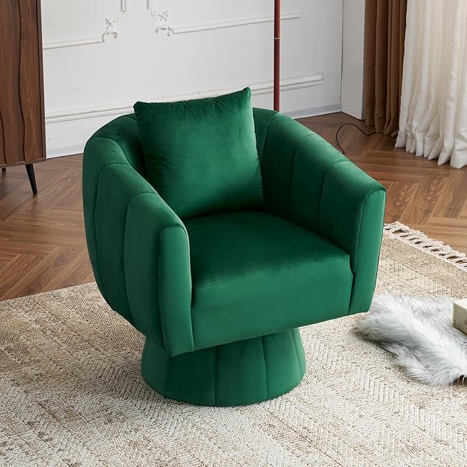 Karl home 360° Swivel Accent Chair Modern Velvet Fabric Living Room Armchair with Fluffy Cushions Comfy Wide Upholstered Barrel Accent Chairs for Living Room Bedroom Lounge Office (Green)