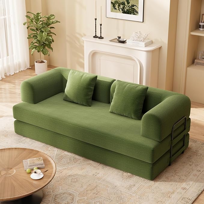 Ahomly 78.8'' Convertible Sofa Bed5-in-1 Boneless Couch with Removable ArmrestsFolding Futon Sofa Bed Includes 2 PillowsComfy Pull Out Couch for Living RoomNo Assembly RequiredGreen