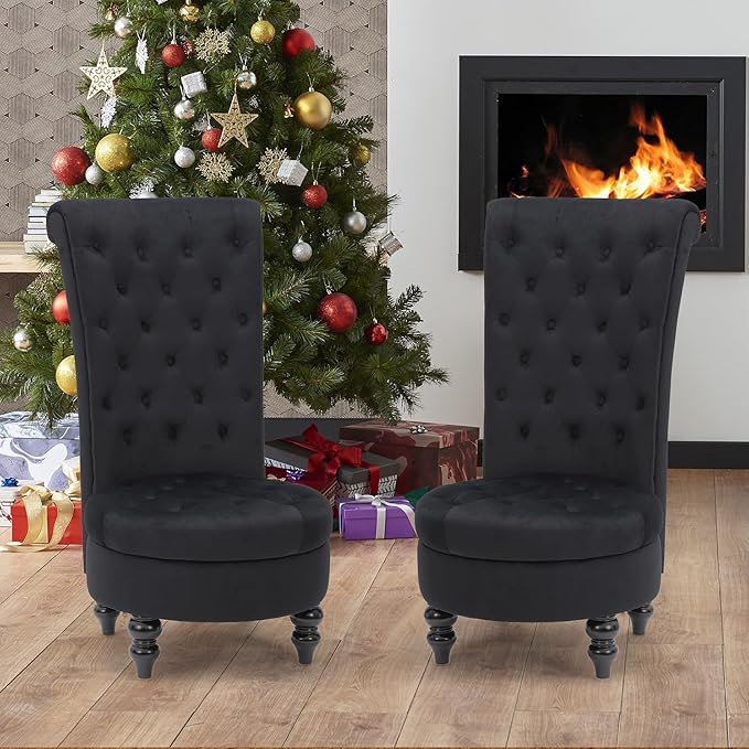 ECOTOUGE 2PC Velvet High Back Accent Chair for Living Room Royal Design Throne Chairs with Upholstered Tufted for Bedroom Black