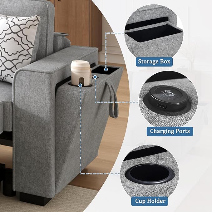 83.9 Convertible Sectional Sofa Bed Chenille L-Shaped Sofa with Dual Pull-Out Sleepers Flip-Top Table USB Ports Cup Holder &amp Storage for Living Room Office Apartment (Light Gray-7.22)