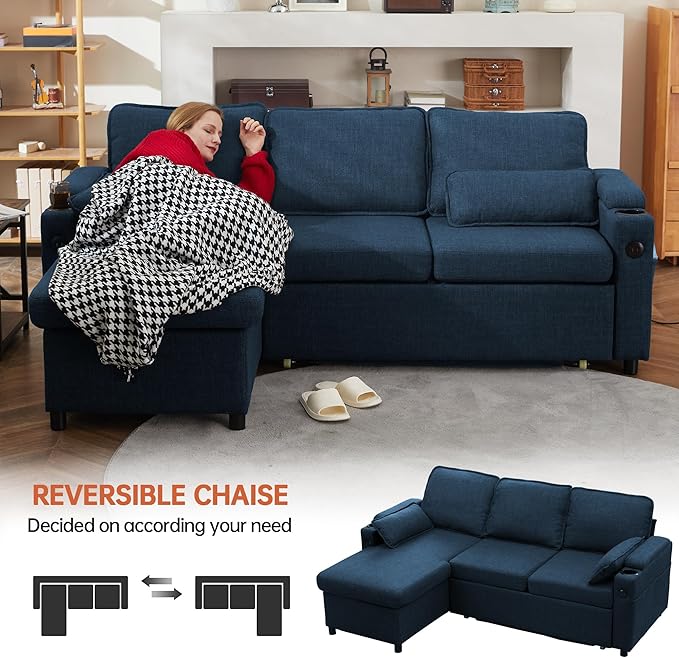 DURASPACE Sofa Bed Sleeper Sofa Couch with Pullout Bed for Living Room L Shaped Couch with Storage Chaise USB Cup Holder (Blue Linen)