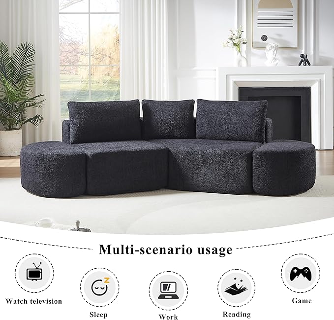 106“ Boneless Chenille V-Shaped Modular Sofa Set Three Throw Pillows 3-Seater Sofa Two Curved Ottomans Combination Couch for Living Rooms (Black 106 Right Chaise)