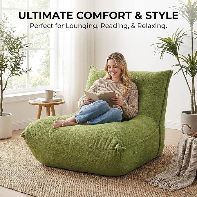 Chaise Lounge Chair - Modern Single Seater Floor Sofa with Pillow Memory Foam Filled Compressed Sofa for Bedroom Game Living Room - Comfortable Ergonomic Lounger No Assembly Needed Green