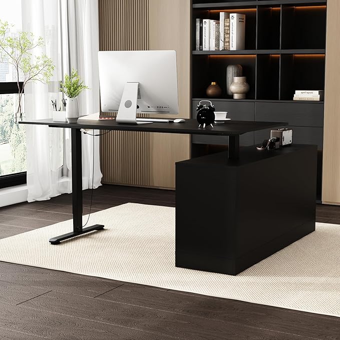 FUFU&ampGAGA 63” L-Shaped Standing Desk with Drawers Electric Height Adjustable Desk with File Cabinet Executive Computer Table Sit Stand Desks for Home Office Black 63”W x 55.1”D x 29.1”-44”H