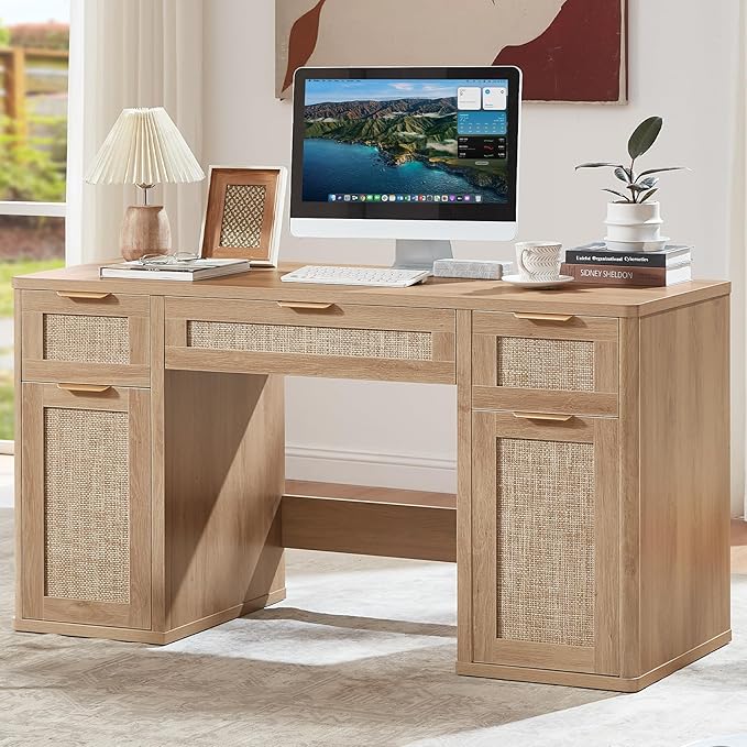 LEYAOYAO Office Desk 56 with 5 Drawers Storage File Cabinet Rattan Wood Desk for Computer Office Bedroom Home Furniture Natural