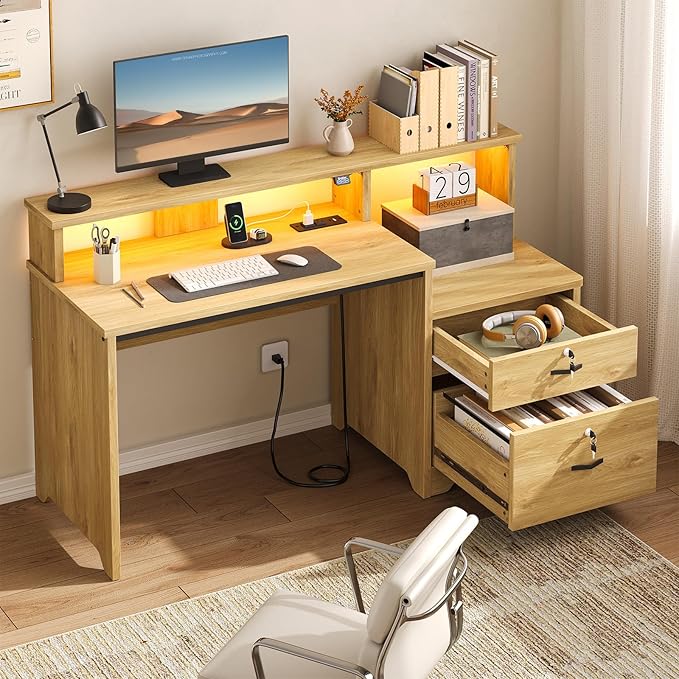 Bestier 55 Computer Desk with Power Outlets &amp LED Lights Home Office Desk with Lockable File Drawer &amp Printer Shelf Monitor Stand Modern Workstation for Gaming Study Natural Oak