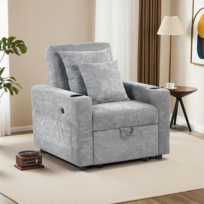 MCombo Convertible Sleeper Chair Bed 3-in-1 Folding Sofa Chair with Adjustable Backrest Pull-Out Bed with USB Port Cup Holders Linen Fabric for Small Spaces Living Room Guest Room Office VN6001