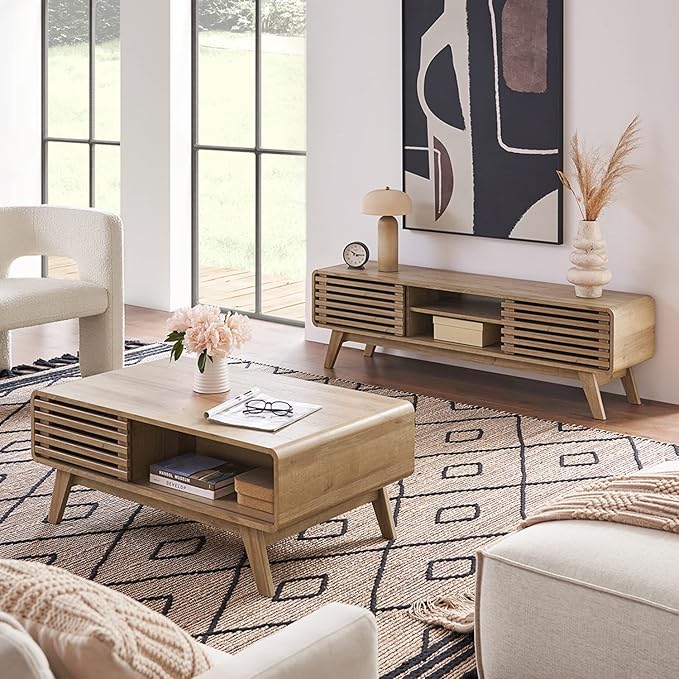 mopio Ensley 59 TV Stand with Slatted Door Mid Century Modern Entertainment Center for 55/60/65 inch TV Farmhouse Media Console with Storage Adjustable Shelves Round Edges Living Room (Oak)
