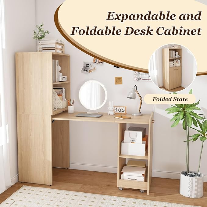 KEIKI Home Office Stretchable Desks with Storage Shelves and Mobile Wheels Modern Wood Foldable Desk Gaming Computer Corner Table for Apartments Work Study Writing Natural
