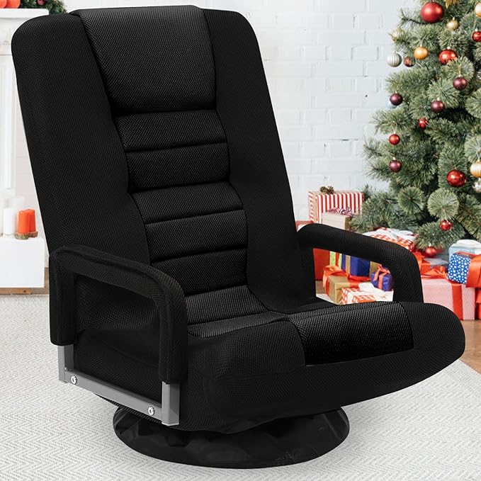 Swivel Floor Gaming Chair w/Armrests Folding Video Reclining Sofa w/6 Adjustable Position Padded Backrest &amp Cushion Lazy Lounger Couch for E-Sports Reading Relaxing Watching TV Black