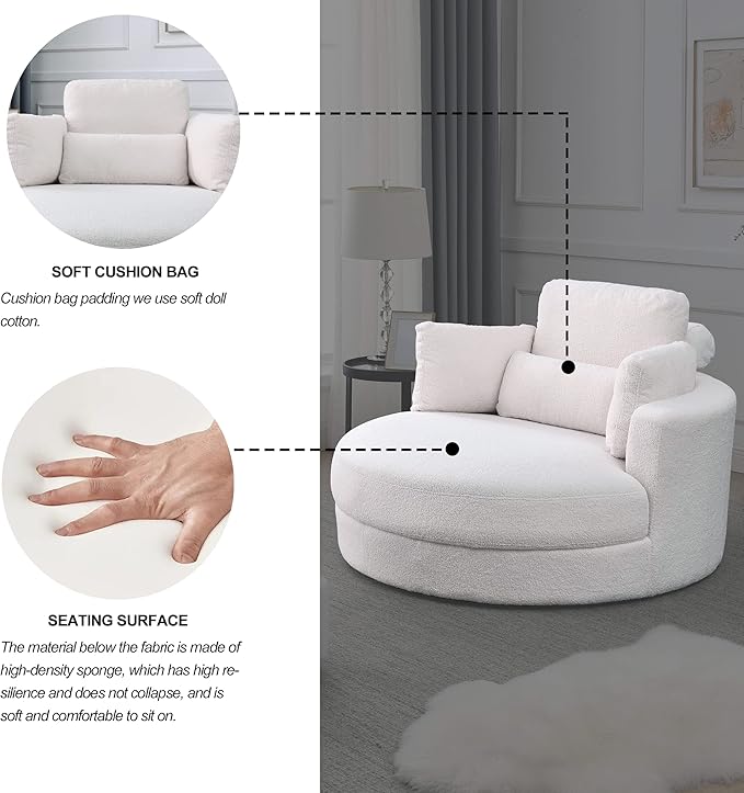 Yoglad Modern Swivel Accent Round Chair Barrel Sofa with Storage Ottoman Oversize Lounge Chair Linen Fabric Round Chair with Pillows for Living Room Office (Lvory 51)