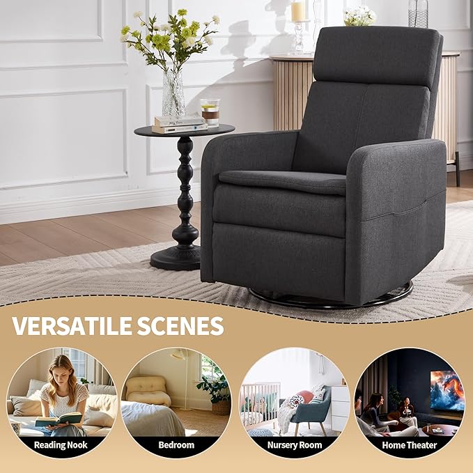 Swivel Rocking Recliner Chair for Adults Upholstered Fabric Glider Recliner Reclining Chair with Side Pockets and Double-Thick Cushion for Living Room Bedroom Nursery (Grey)
