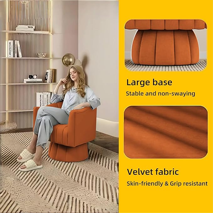 Modern Swivel Accent Chair Velvet Corner Chair Comfy Round Barrel Chair Cozy Armchair for Living Room Bedroom Office Spaces - Orange