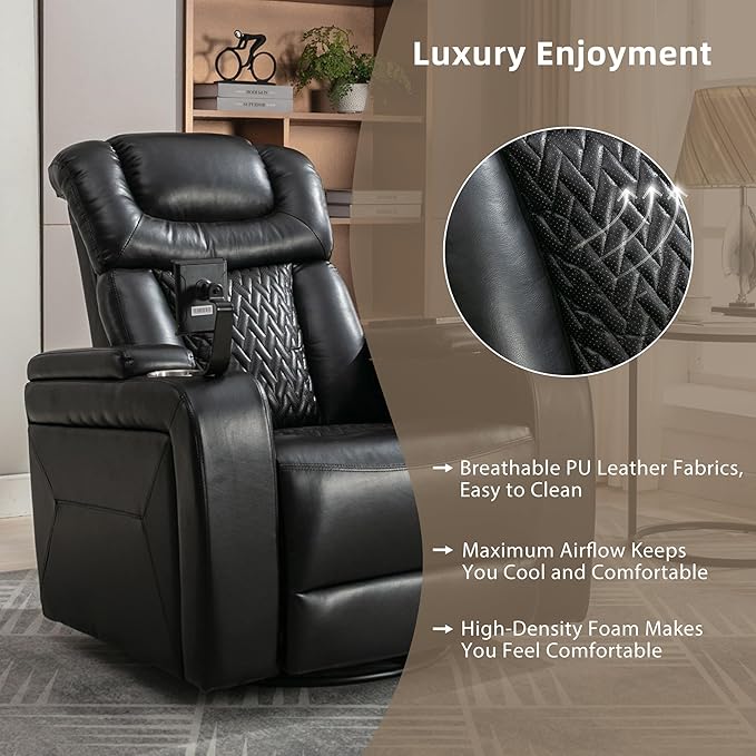 PU Leather Power Swivel Rocker Recliner Chair 270 Degree Premium Nursery Glider Recliner with Arm Storage Tray Table Phone &amp Cup Holder USB Port for Living Room Home Theater