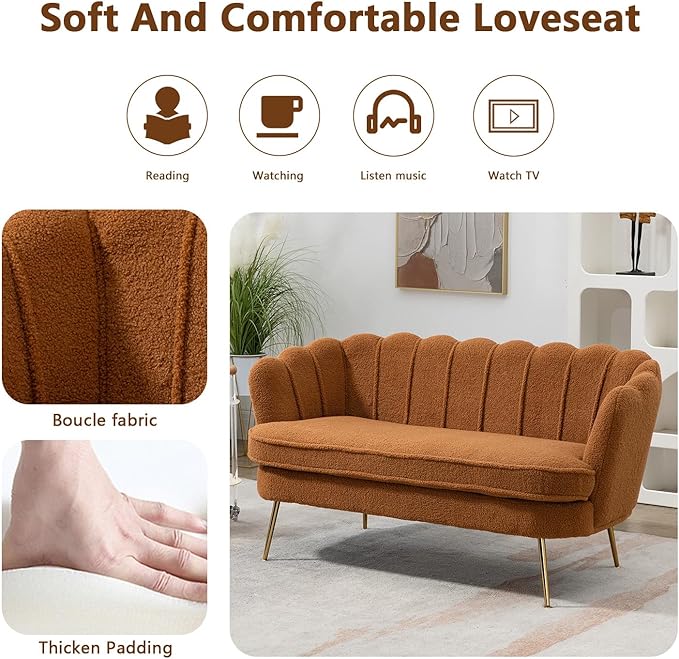 Anwick 59 Small Modern Chenille Loveseat Sofa 2-Seater Sofa with Gold Metal Legs Small Couch with Flower Shaped Back for Living Room Bedroom Office (Caramel)