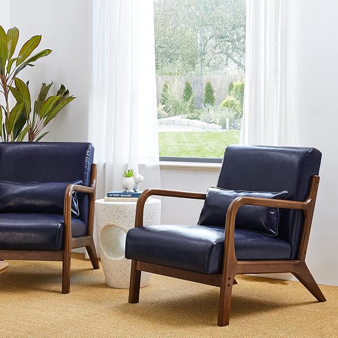Glitzhome 2 Set Mid Century Navy Blue Accent Armchair Single Reading Armchair PU Leather Lounge Chair with Walnut Ruberwood Frame