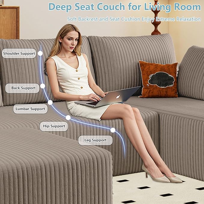 96 W Cloud Sectional Couch with OttomanModern U-Shaped Cloud Couch with Deep SeatComfy Corduroy 3-Seater SofaMemory Foam Sofa for Living RoomNo Assembly (CamelRight-Facing Chaise)
