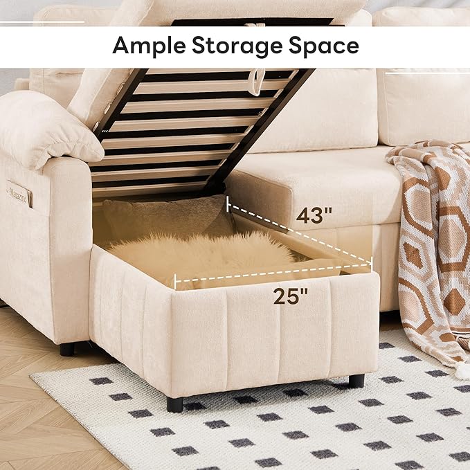 Tbfit 108'' Pull Out Sofa Cloud Sleeper Sofa Bed with USB &amp 2 Storage Chaises Comfy Oersized U Shaped Convertible Sectional Sleeper Couches for Living Room Apartment Office Beige