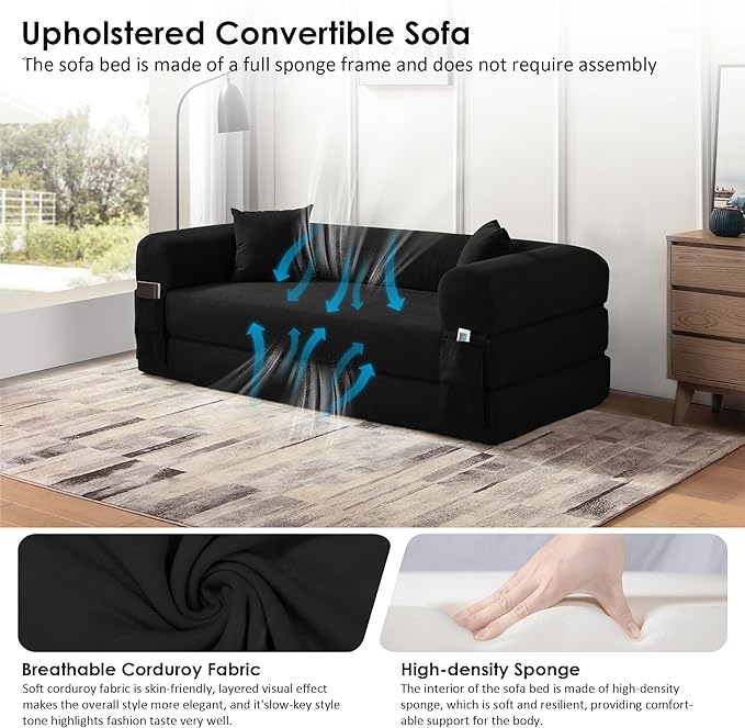 80 Convertible Sofa Bed 3-in-1 Corduroy Folding Pull Out Couch with Pillows No Assembly Modern Boneless Couch Compression Sofa in Box Floor Sofa with Side Storage for Living RoomBlack