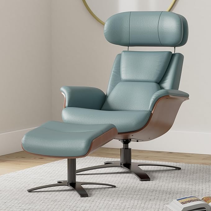 CHITA Genuine Leather Reclining Swivel Chair with Adjustable Headrest and Ottoman for Living Room Teal
